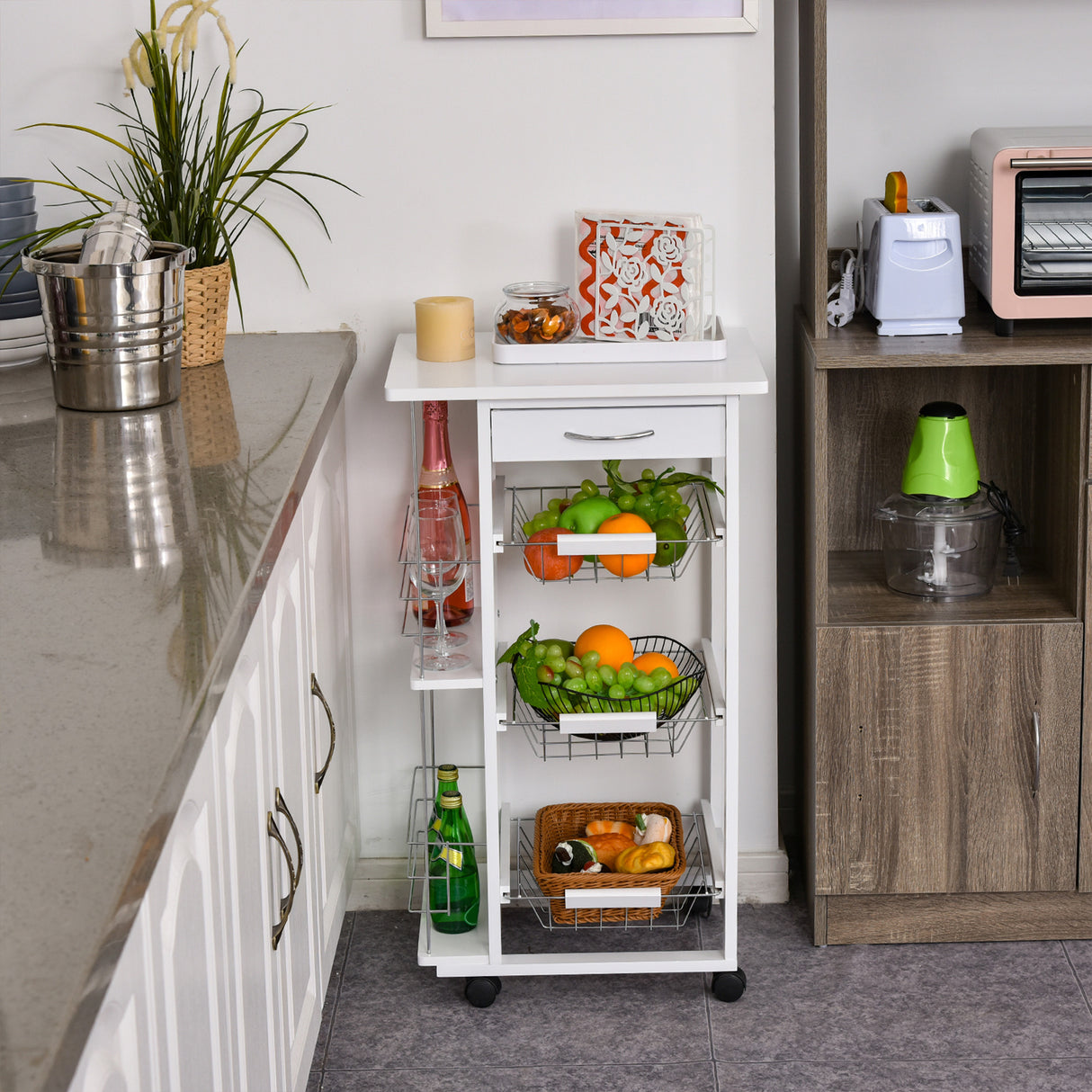 easycomfort easycomfort carrello isola da cucina salvaspazio in legno di pino carrello portavivande con 4 ruote cassetto 3 cesti estraibili portafrutta bianco ean 8054111845854