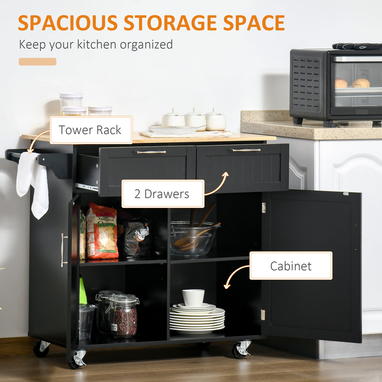 easycomfort easycomfort carrello da cucina multiuso in legno con 2 cassetti armadietto e 4 ruote 104x46x91cm nero