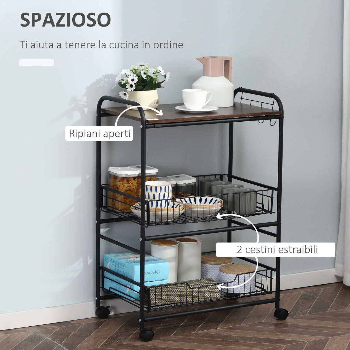 easycomfort easycomfort carrello da cucina portavivande stile industriale con 4 ruote 2 cestini e 4 ganci 60x38x85 5cm marronenero