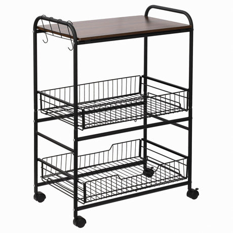 easycomfort easycomfort carrello da cucina portavivande stile industriale con 4 ruote 2 cestini e 4 ganci 60x38x85 5cm marronenero