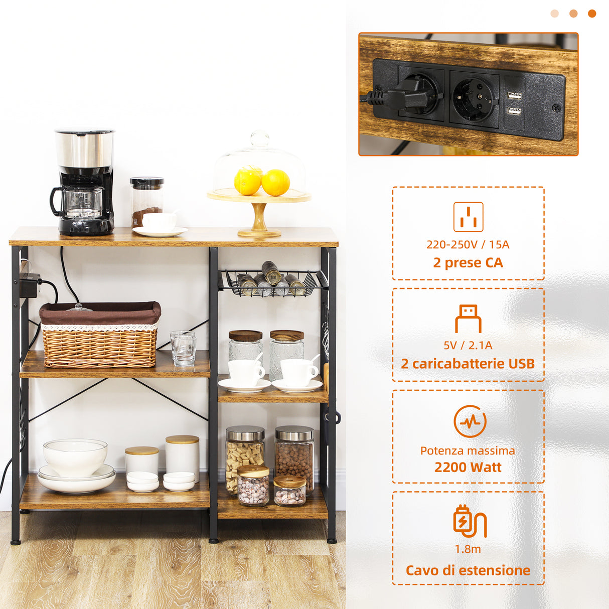 easycomfort easycomfort mobile da cucina a 3 ripiani in truciolato con presa di corrente porta usb e cestino 90x40x83cm