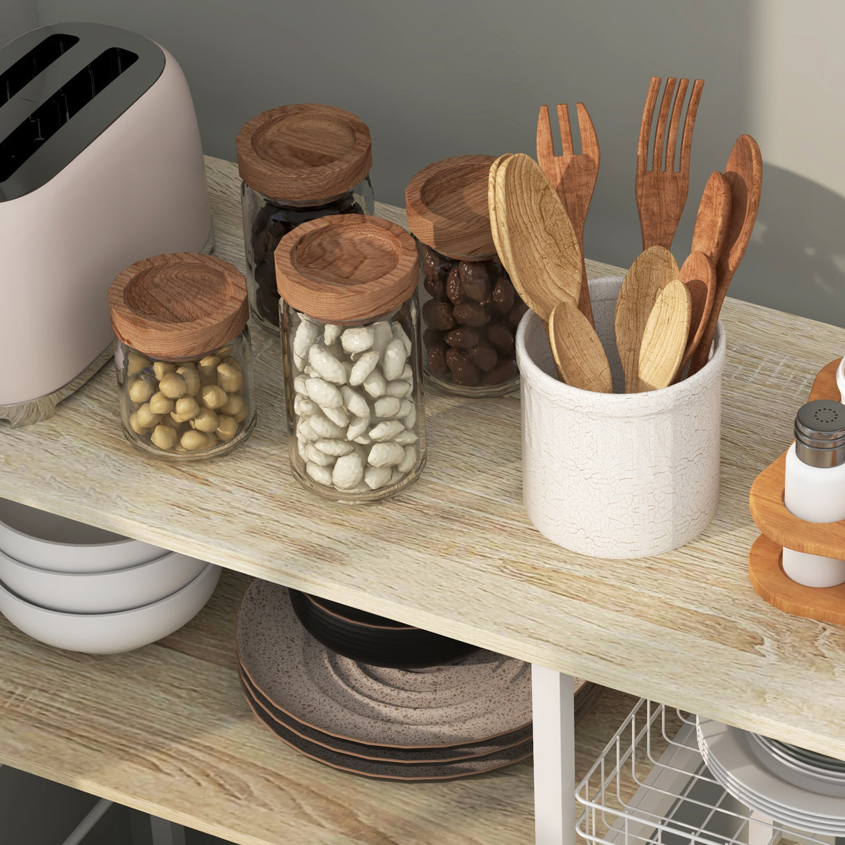 easycomfort easycomfort mobile cucina moderno a 4 ripiani con cestino e ganci in legno e acciaio 90x40x84 5cm quercia e bianco