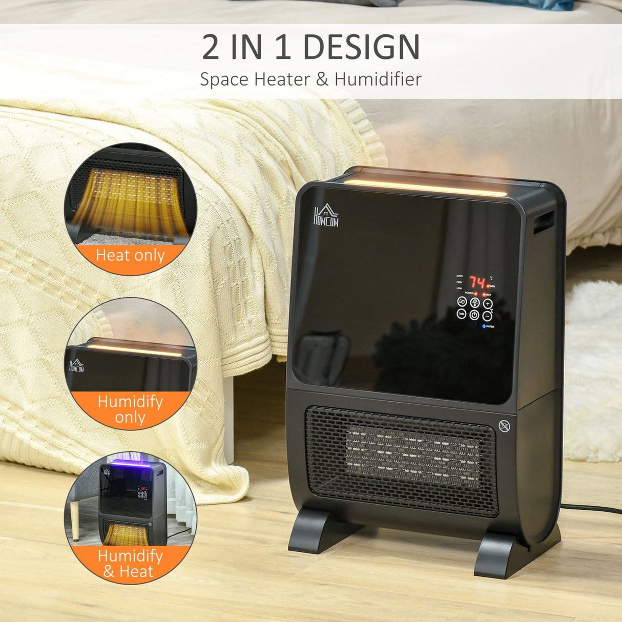 easycomfort stufa elettrica 2 in 1 con umidificatore luce led a 3 colori e ultravioletti timer e telecomando 33x21x49.5cm nero