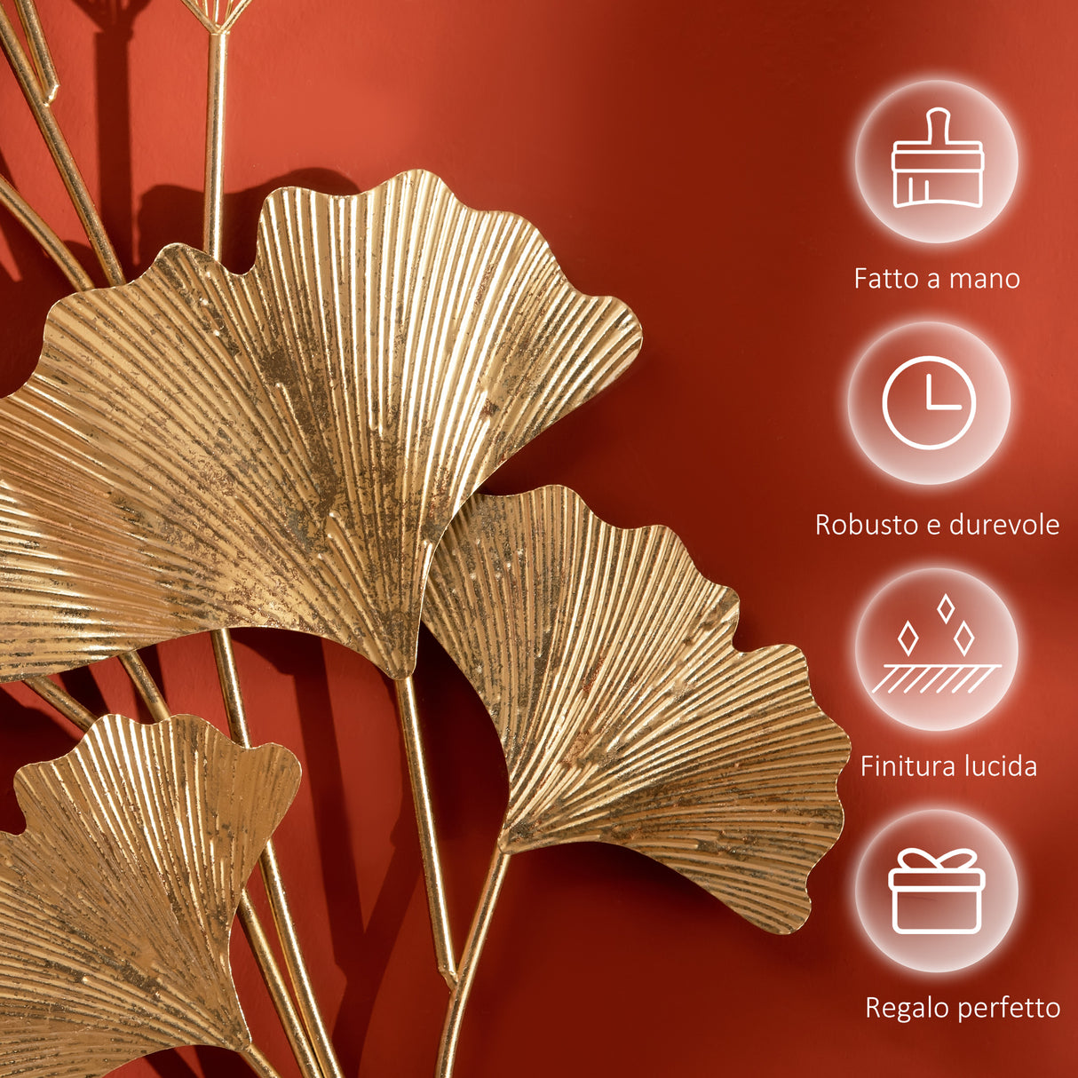 easycomfort easycomfort decorazione murale 3d in metallo wall art dorata con foglie di ginkgo 138x70cm