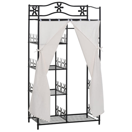 easycomfort easycomfort armadio guardaroba appendiabiti con 5 ripiani e 2 tende 84 x 42 x 158 5cm in metallo nero con decori a fiori ean 8054144139487