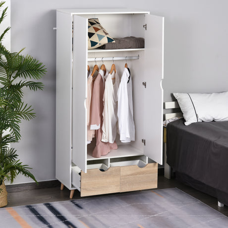 easycomfort easycomfort armadio a due ante in legno con 1 ripiano 1 appendiabiti 2 cassetti con maniglie intagliate bianco 80x40x180cm