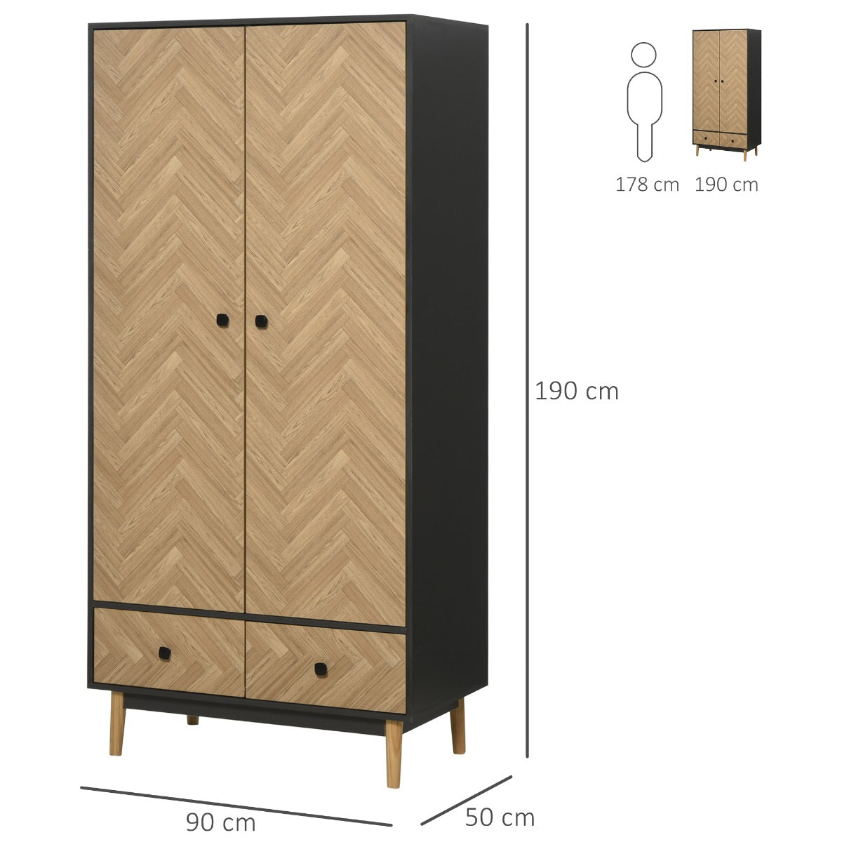 easycomfort easycomfort armadio 2 ante in legno con 4 vani 2 cassetti e appendiabiti grigio scuro 90x50x190cm