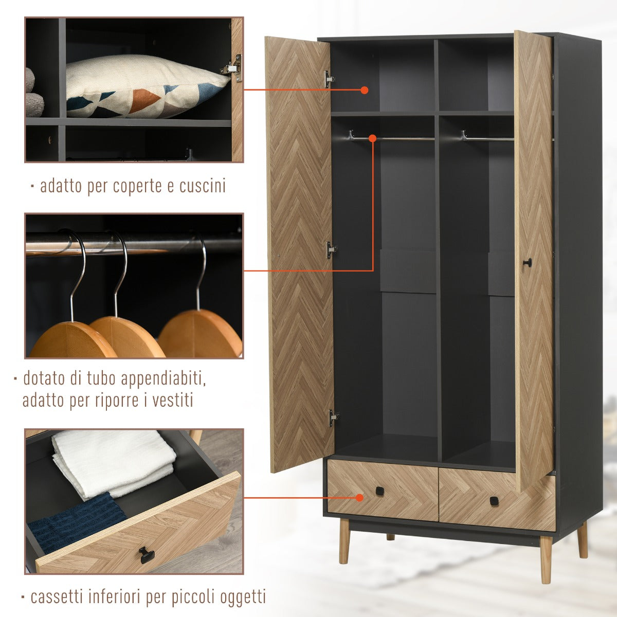 easycomfort easycomfort armadio 2 ante in legno con 4 vani 2 cassetti e appendiabiti grigio scuro 90x50x190cm
