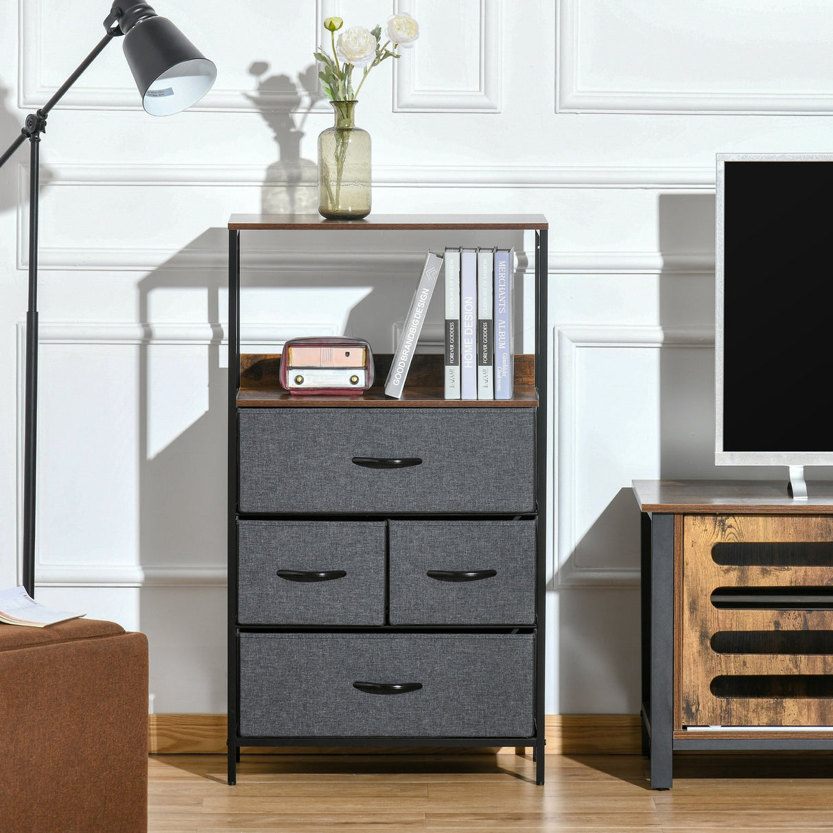 easycomfort easycomfort mobile cassettiera multiuso con 4 cassetti pieghevoli in tessuto arredamento soggiorno e camera 58x29x103cm grigio scuro