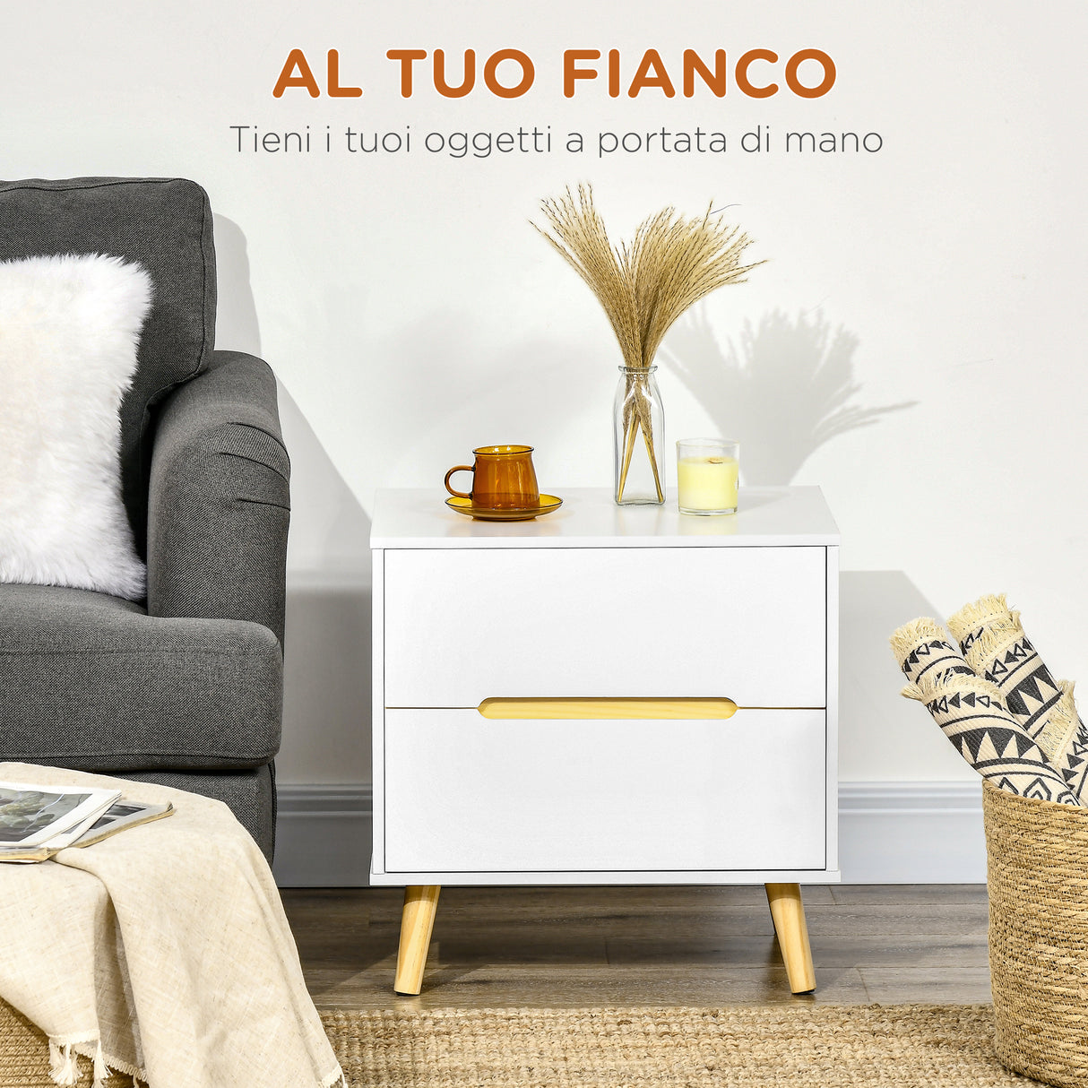 easycomfort easycomfort comodino moderno con 2 cassetti in truciolato e gambe in legno di pino 50lx40px50 5a cm bianco
