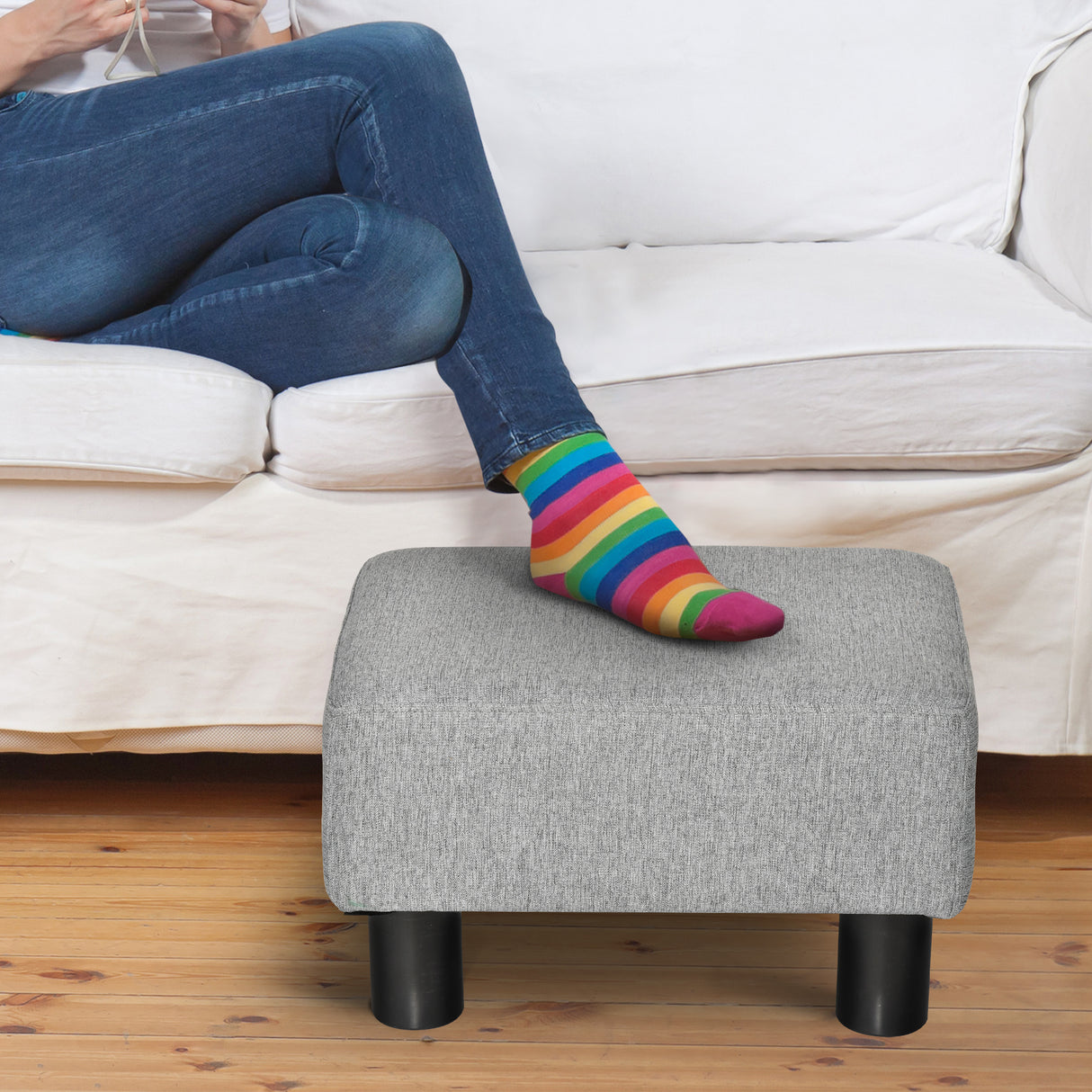 easycomfort easycomfort pouf poggiapiedi in tessuto effetto lino imbottito 40x30x24cm grigio