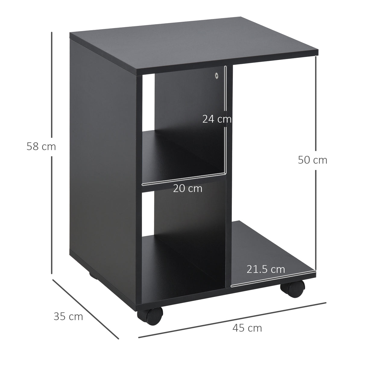 easycomfort easycomfort tavolino da salotto a c con 2 ripiani aperti e 4 ruote girevoli 45x35x58 cm nero