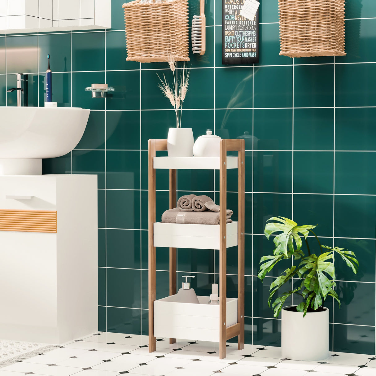 easycomfort easycomfort mobiletto bagno a 3 ripiani compatto in legno mdf bianco e bambu 27 5x20 8x74cm