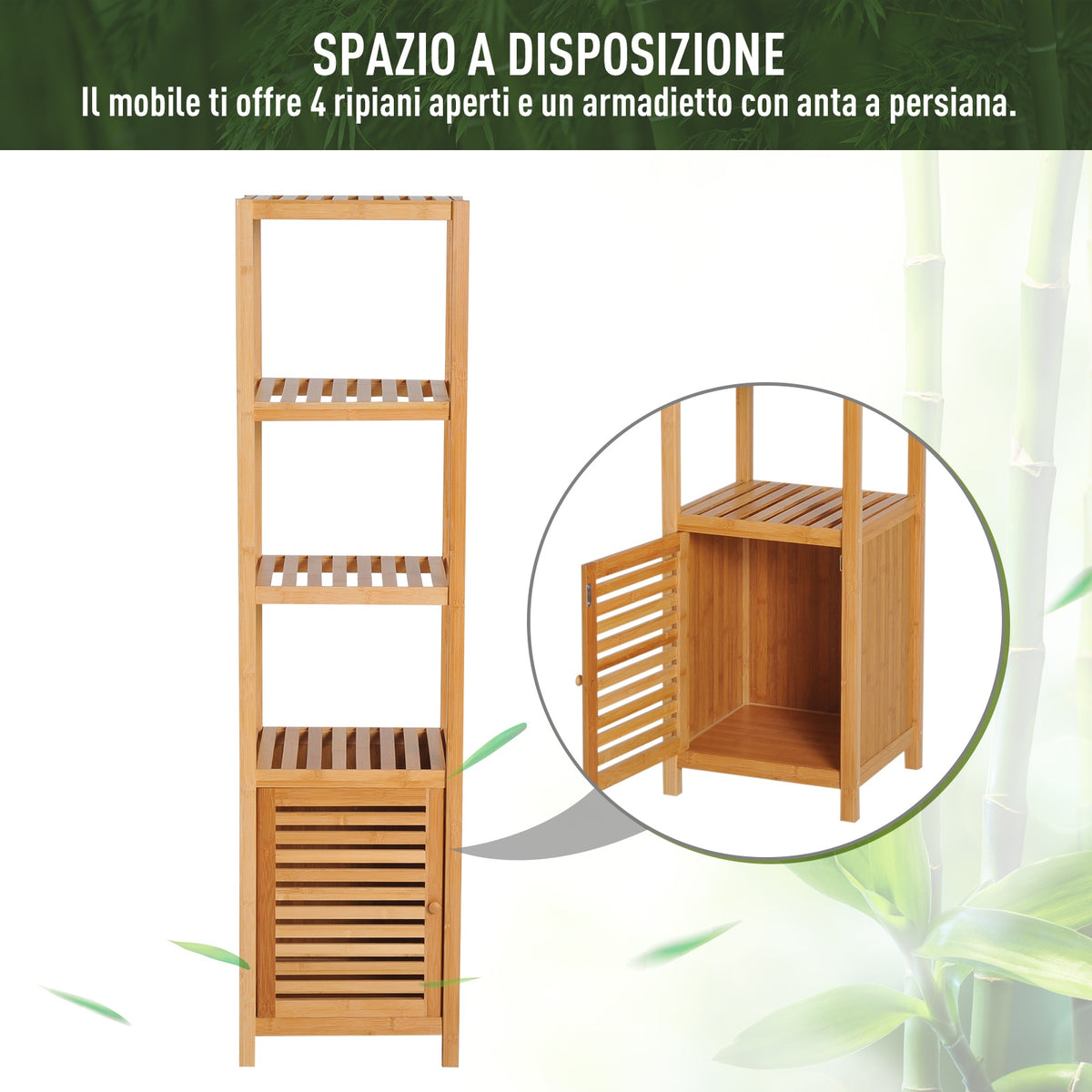 easycomfort easycomfort mobile alto bagnoterrazzo scaffale a torre in bambu 4 ripiani armadietto con anta 36x33x140cm color legno ean 8054111845311