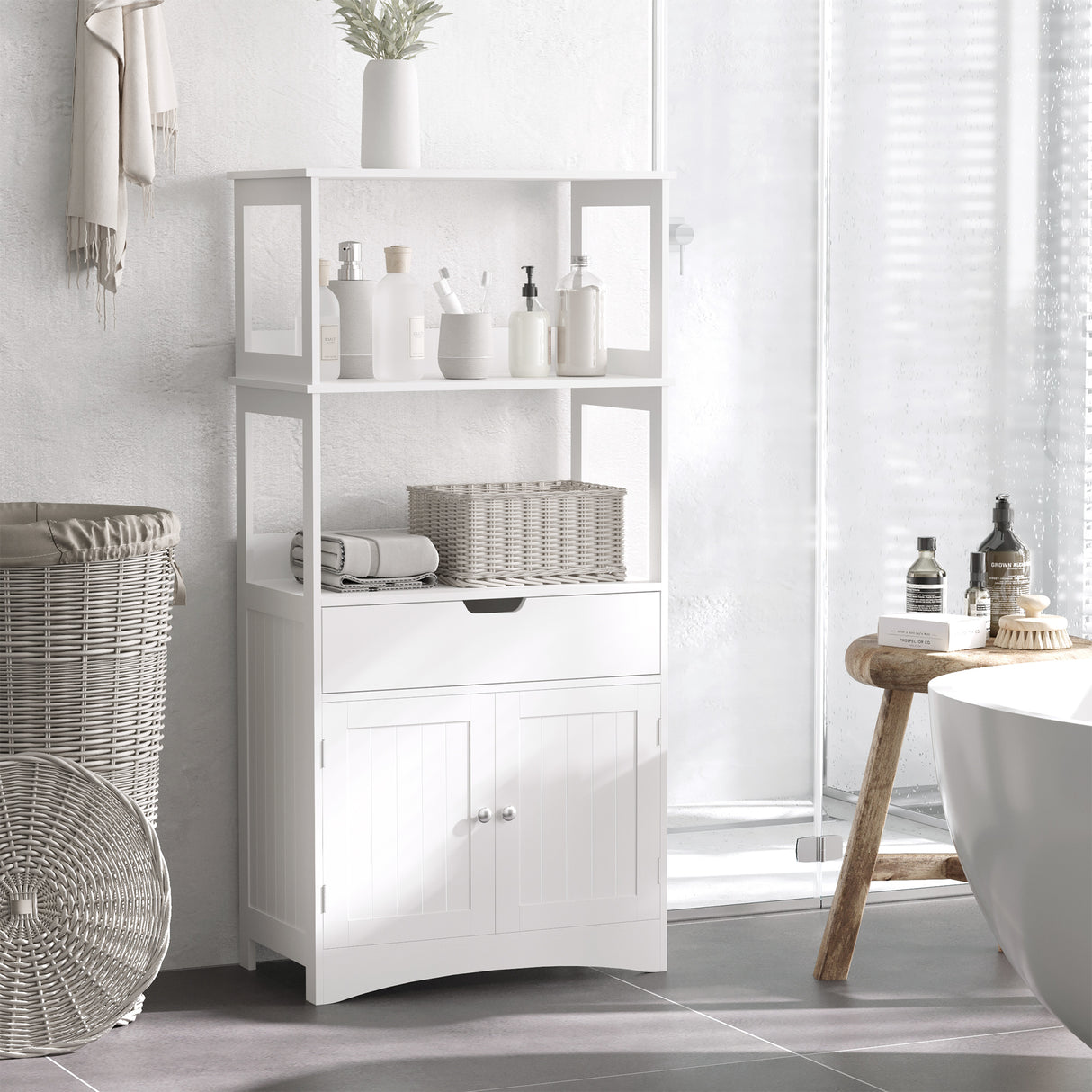 easycomfort easycomfort mobile bagno con mensole armadietto e cassetto mobiletto multiuso in legno bianco 60x33x122 5cm
