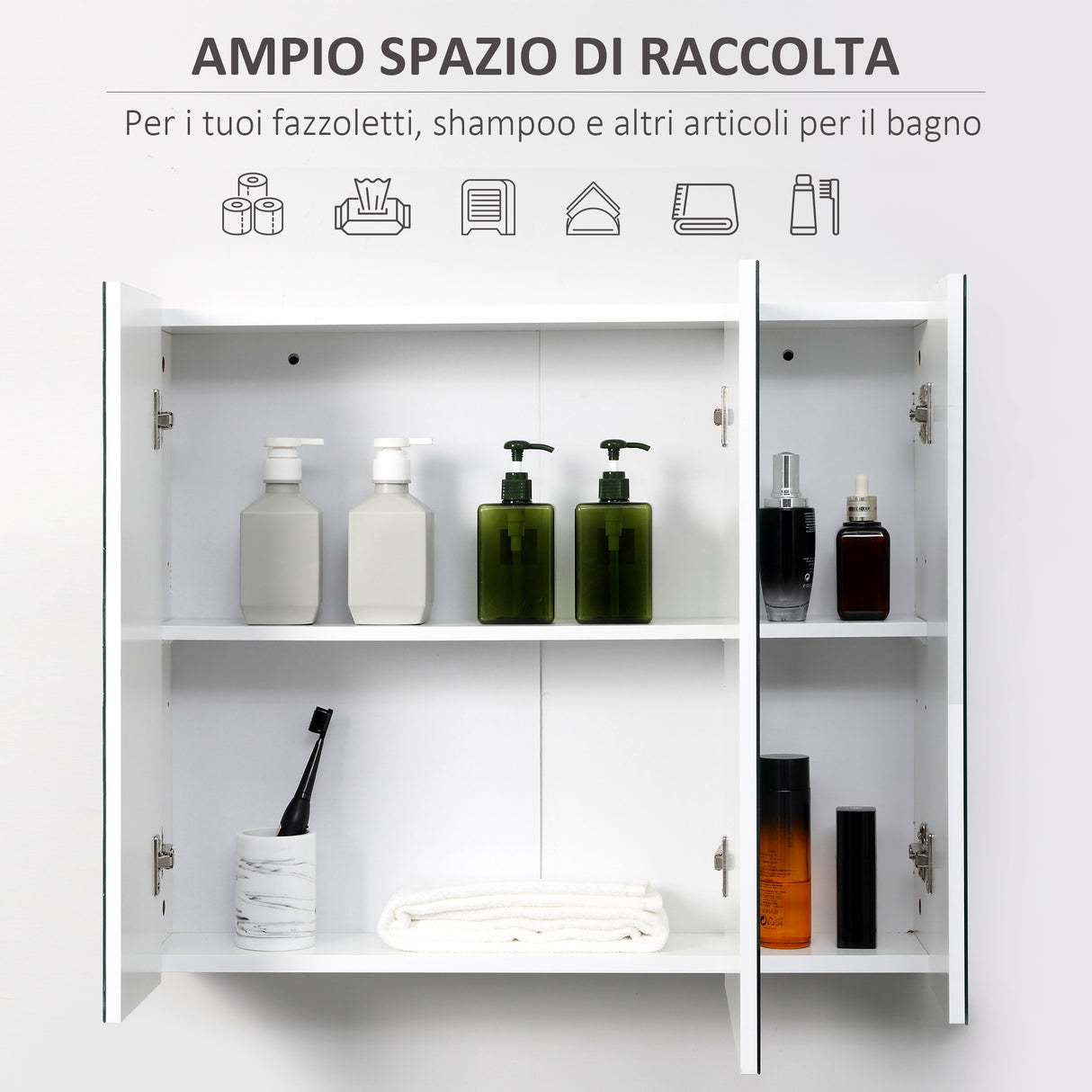 easycomfort easycomfort armadietto bagno con 3 ante specchiate e ripiani regolabili 70x15x60cm bianco