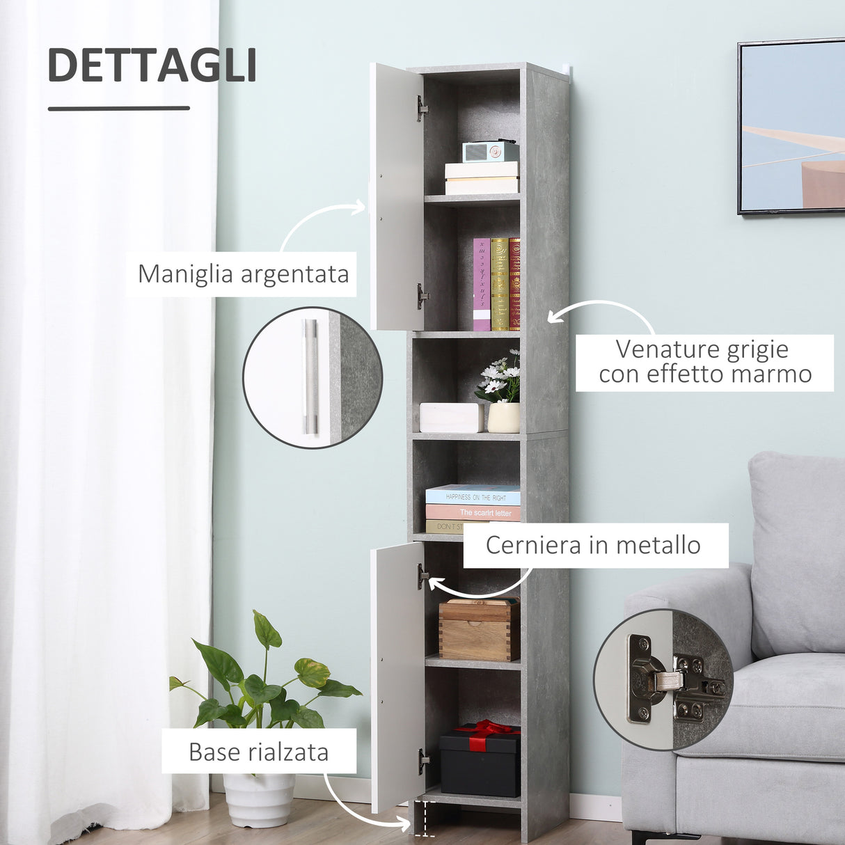 easycomfort easycomfort colonna bagno con 2 armadietti e 2 vani aperti in legno effetto cemento 30x30x180cm