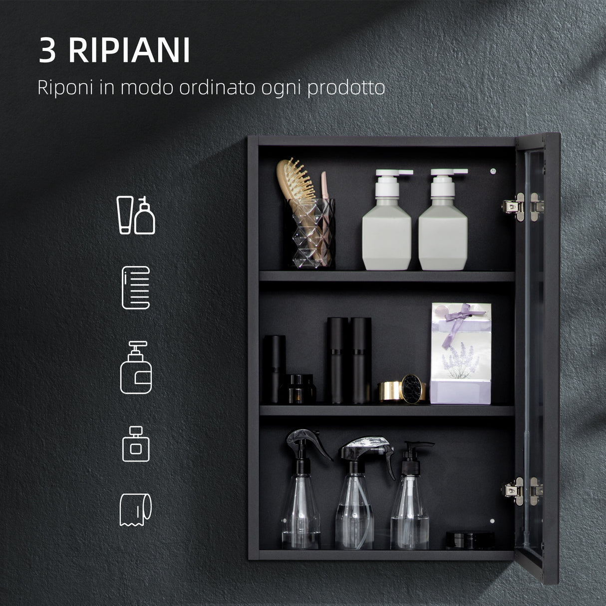 easycomfort easycomfort specchiera bagno in acciaio con armadietto a 3 ripiani e chiusura ammortizzata 40x12x60 cm nero