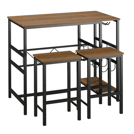 easycomfort easycomfort set tavolo 2 sgabelli alti da bar in legno isola cucina con portabottiglie e portabicchieri in stile industriale ean 8055776914565