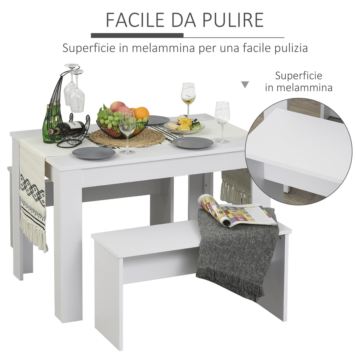 easycomfort easycomfort set 3 pezzi tavolo con 2 panche per cucina bar o sala da pranzo moderna in legno bianco 2 posti 110x70x75cm