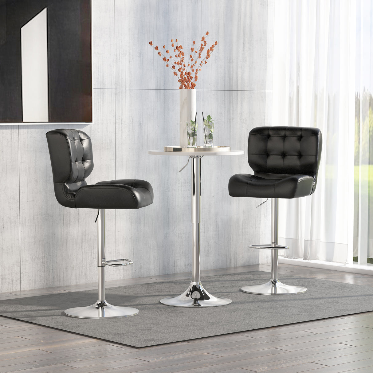 easycomfort easycomfort set 2 sgabelli da bar girevoli e imbottiti in pelle pu nera con schienale e poggiapiedi altezza regolabile per cucina o pub 50x55 5x93 114cm