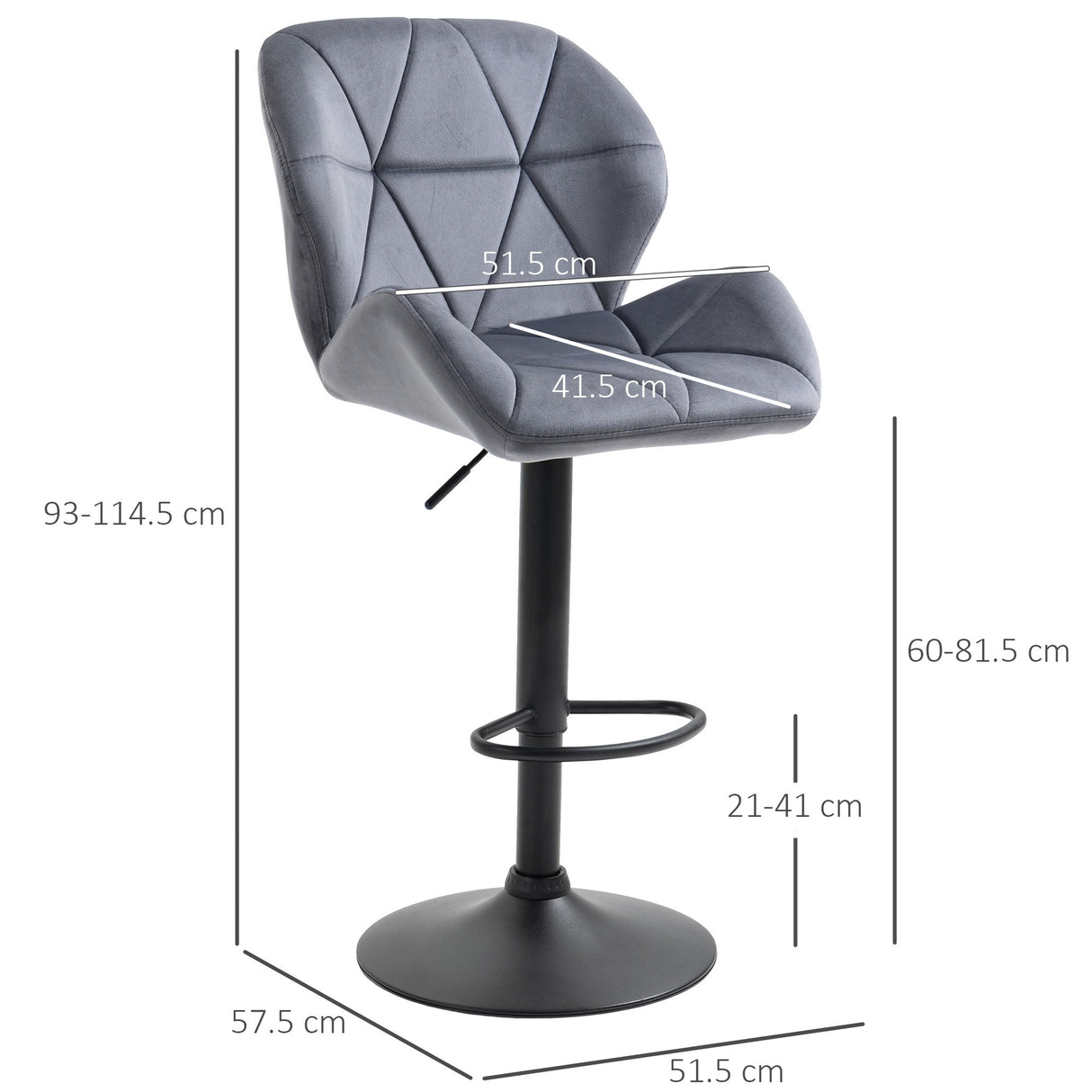 easycomfort easycomfort set 2 sgabelli da bar con altezza regolabile base in metallo seduta in velluto sgabelli cucina alti girevole con schienale e poggiapiedi 51 5x57 5x93 114 5cm grigio