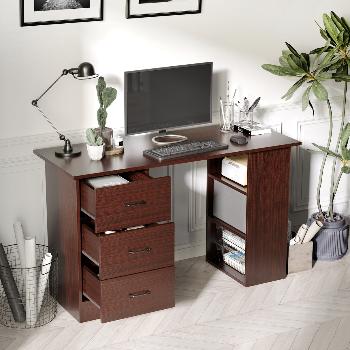 easycomfort easycomfort scrivania ufficio con 3 cassetti e 3 ripiani reversibili in legno 120x49x72cm noce