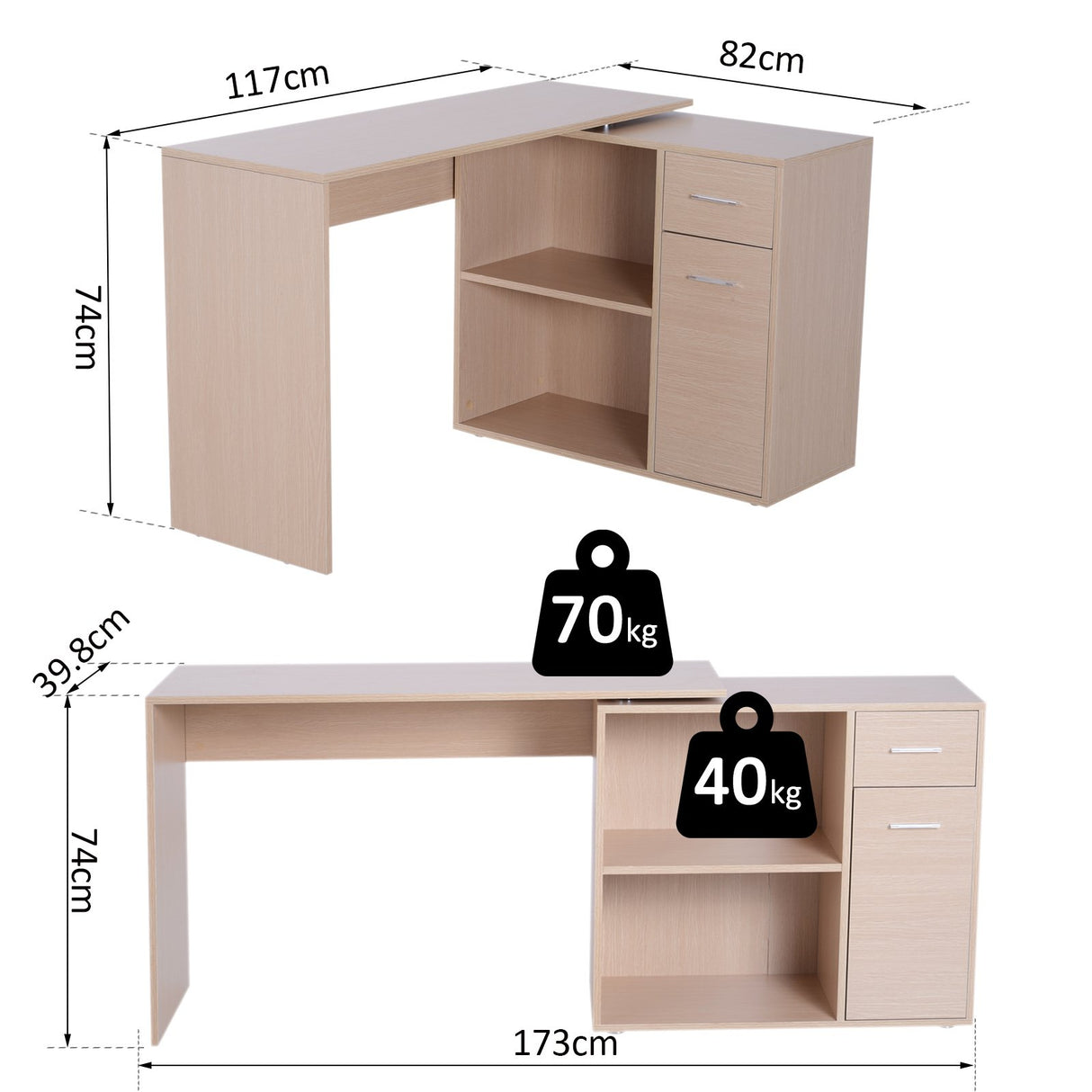 easycomfort easycomfort scrivania moderna per computer girevole con 2 ripiani e 2 cassetti tavolo da pranzo in truciolato 117x82x74 cm color rovere e legno ean 8054111846110