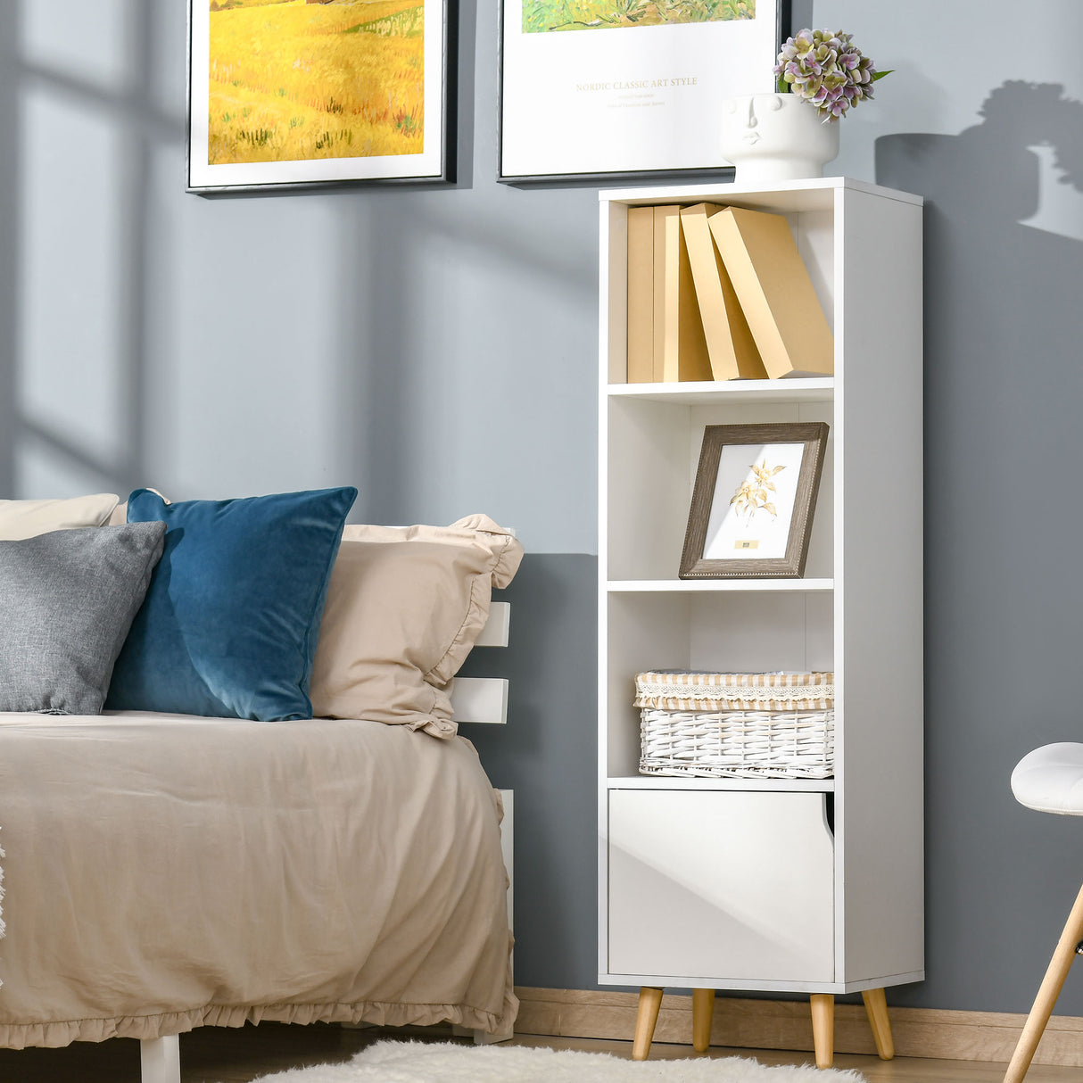 easycomfort easycomfort scaffale libreria con 3 ripiani e 1 armadietto in legno 40x30x129 5cm bianco