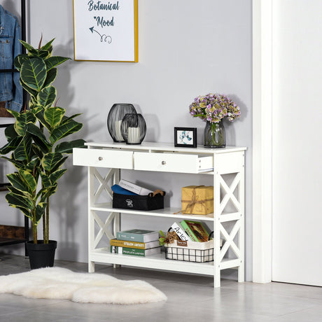 easycomfort easycomfort tavolo consolle con 2 cassetti e 2 mensole mobile da ingresso e soggiorno in mdf 100x30 5x80cm bianco ean 8054144133713