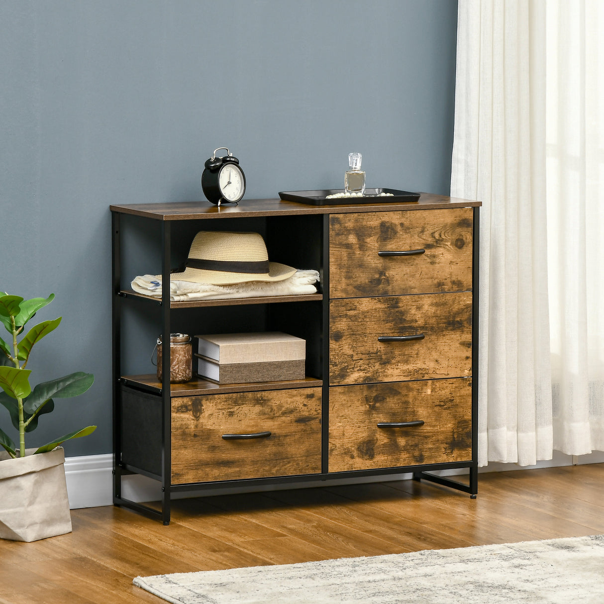 easycomfort easycomfort cassettiera in stile industriale con 4 cassetti in tessuto pieghevole e 2 ripiani aperti 84x30x71 5 cm marrone