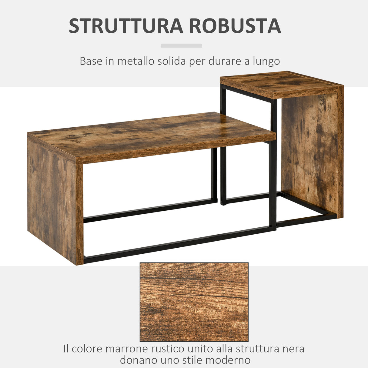 easycomfort easycomfort set di 2 tavolini da salotto impilabili e salvaspazio in stile industriale legno mdf e metallo marrone e nero