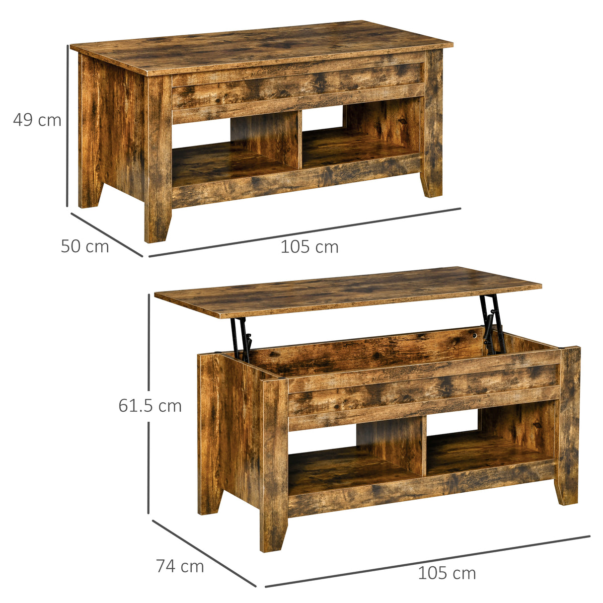 easycomfort easycomfort tavolino da salotto in stile industriale con vano contenitore e piano sollevabile in legno marrone rustico