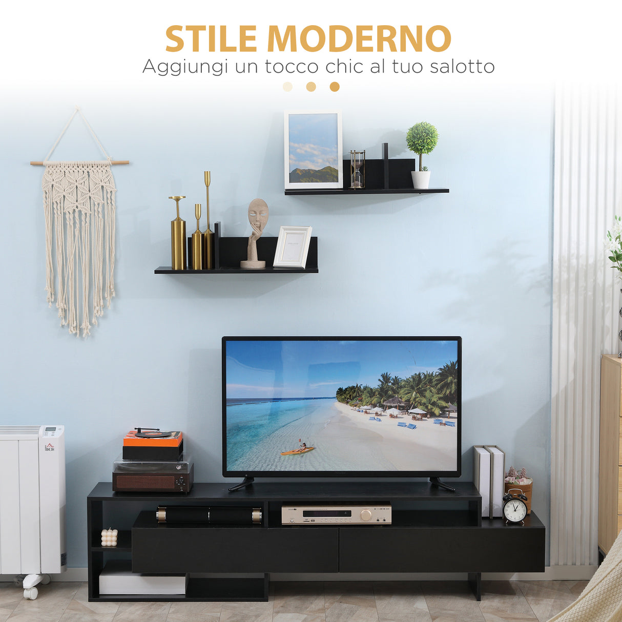 easycomfort easycomfort mobile porta tv moderno con 2 mensole in legno vani aperti e armadietti nero