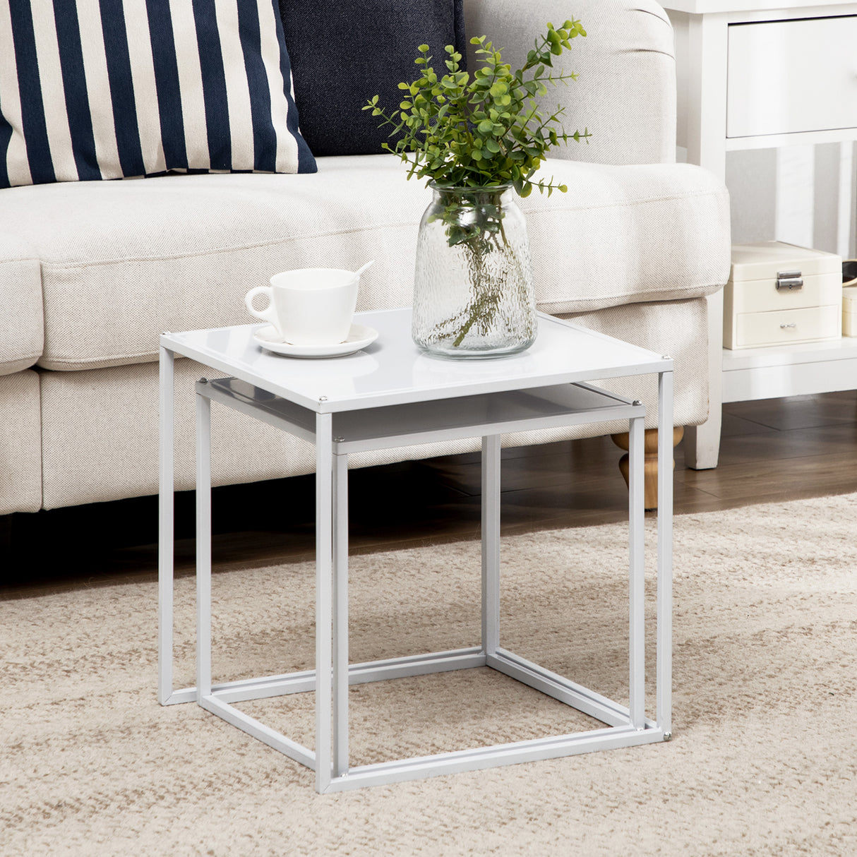easycomfort easycomfort set 2 tavolini da caffe impilabili quadrati in acciaio bianco