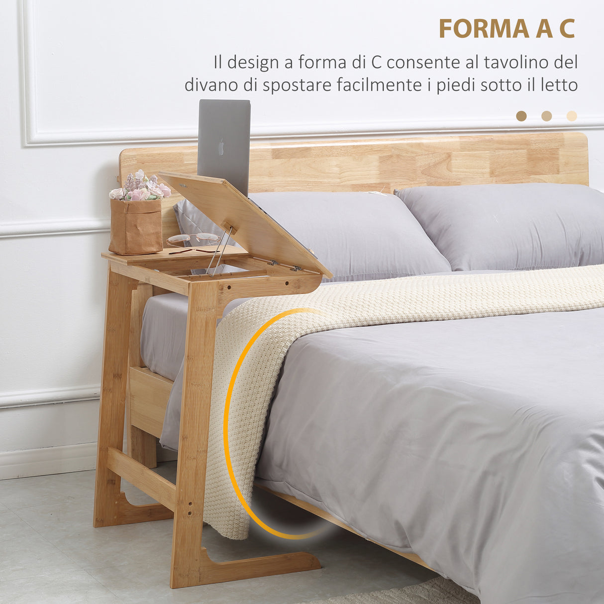 easycomfort easycomfort tavolino da divano a forma di c in legno di bambu con piano inclinabile su 5 livelli 60x33x67cm