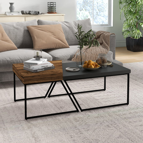 easycomfort easycomfort set 2 tavolini da caffe in truciolato e acciaio tavolo nero 80x60x42 cm e tavolo marrone 60x60x46 cm