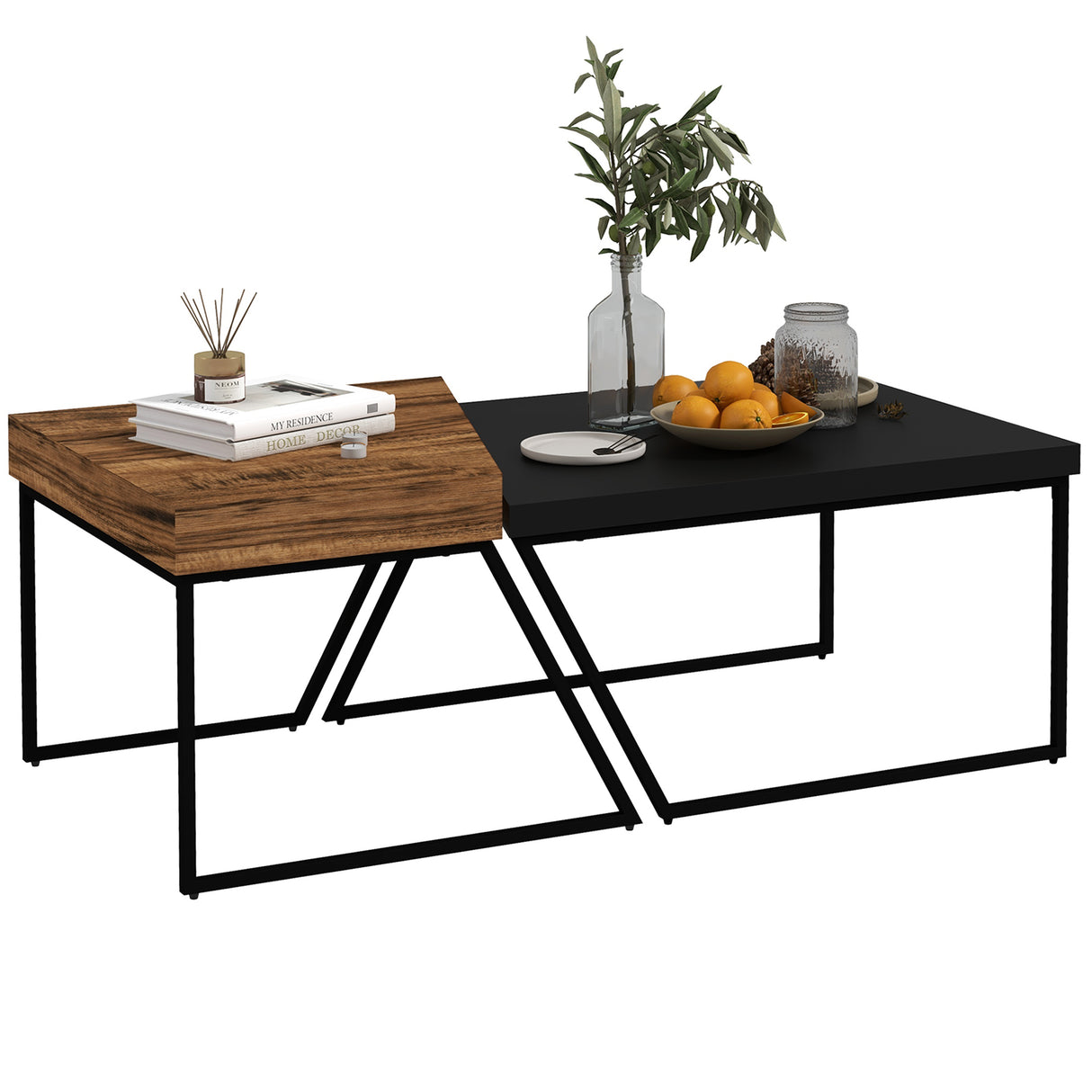 easycomfort easycomfort set 2 tavolini da caffe in truciolato e acciaio tavolo nero 80x60x42 cm e tavolo marrone 60x60x46 cm