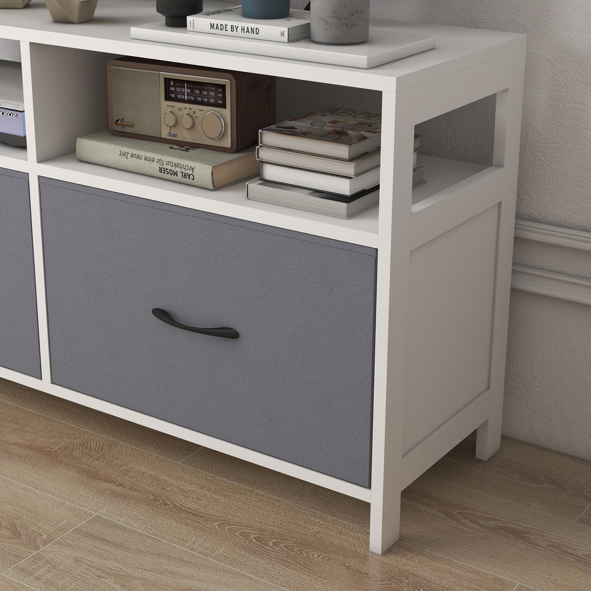 easycomfort easycomfort mobile tv 45 max in mdf e tessuto non tessuto con 2 cassetti e 2 ripiani 100x30x53 cm bianco e grigio