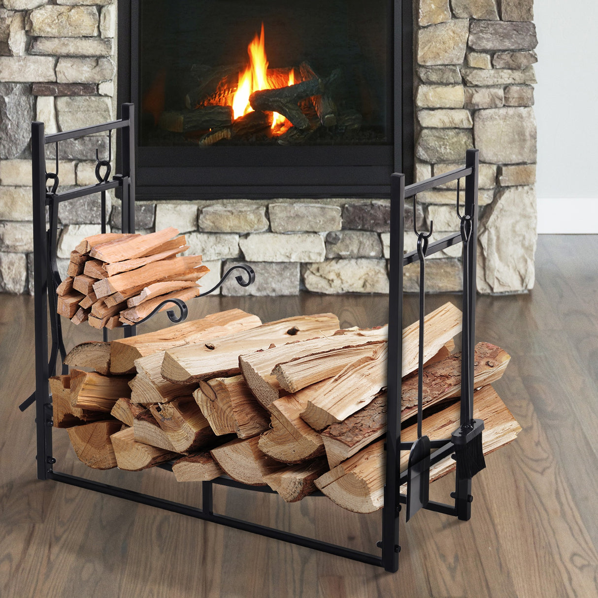 easycomfort portalegna da interno ed esterno in metallo con paletta scopa attizzatoio e pinza nero 84x33x76cm