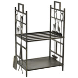 easycomfort portalegna in ferro battuto con attrezzi per camino e manici base porta legna rialzata e decori 51.5x33x77cm nero