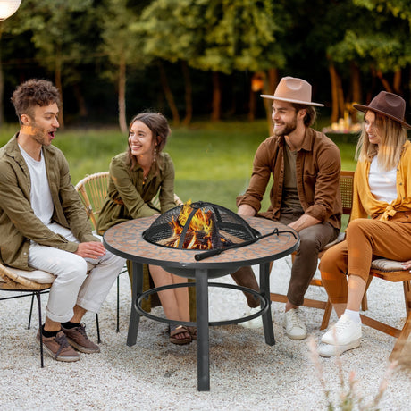 easycomfort braciere da giardino con coperchio parascintille attizzatoio e piano d appoggio in ceramica 68x68x45cm nero