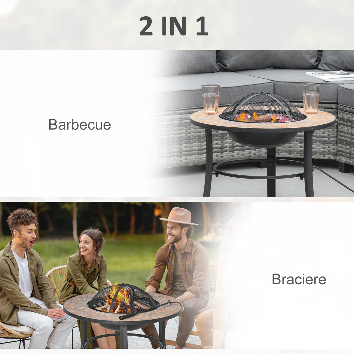 easycomfort braciere da giardino con coperchio parascintille attizzatoio e piano d appoggio in ceramica 68x68x45cm nero