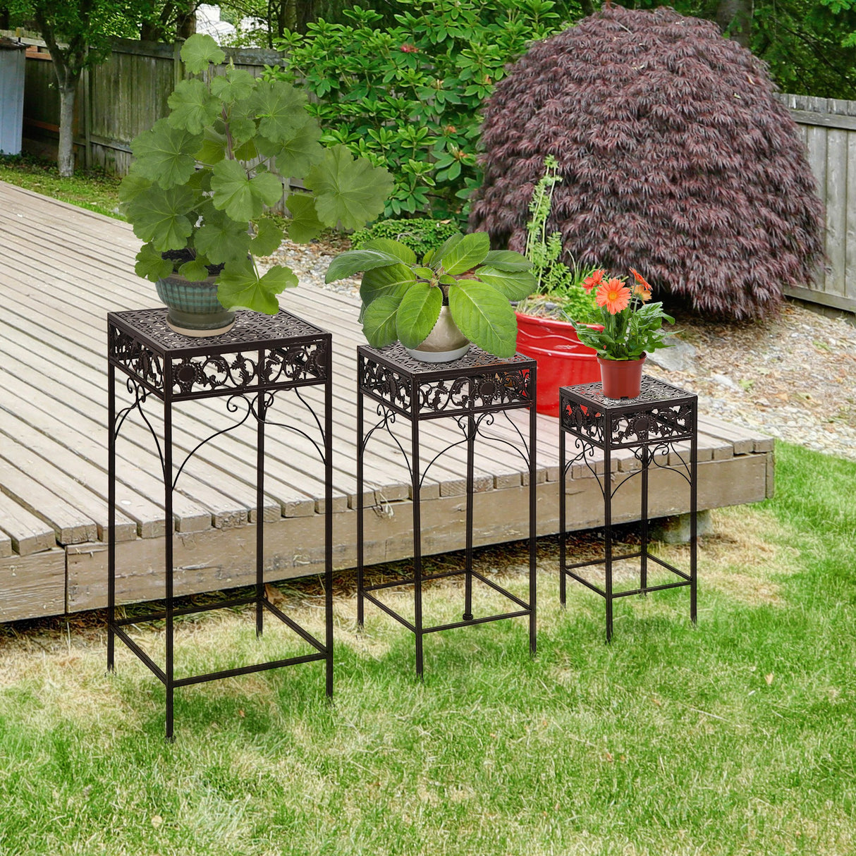 easycomfort easycomfort set 3 pezzi piedistallo porta piante in ferro battuto marrone