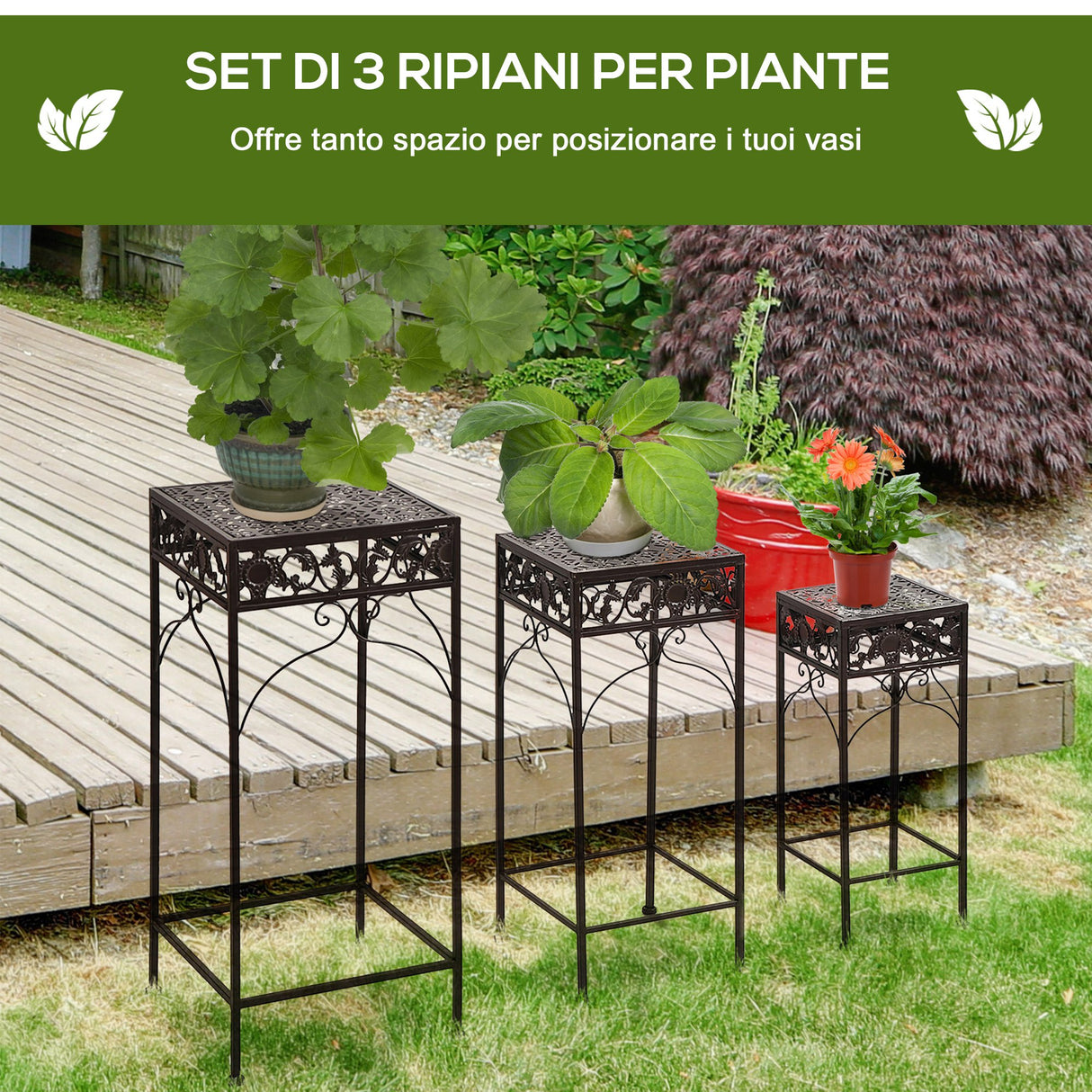 easycomfort easycomfort set 3 pezzi piedistallo porta piante in ferro battuto marrone
