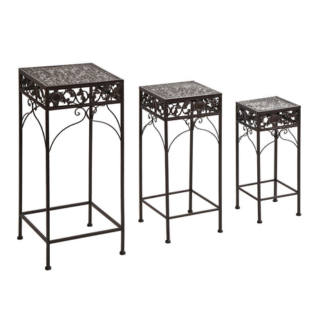easycomfort easycomfort set 3 pezzi piedistallo porta piante in ferro battuto marrone