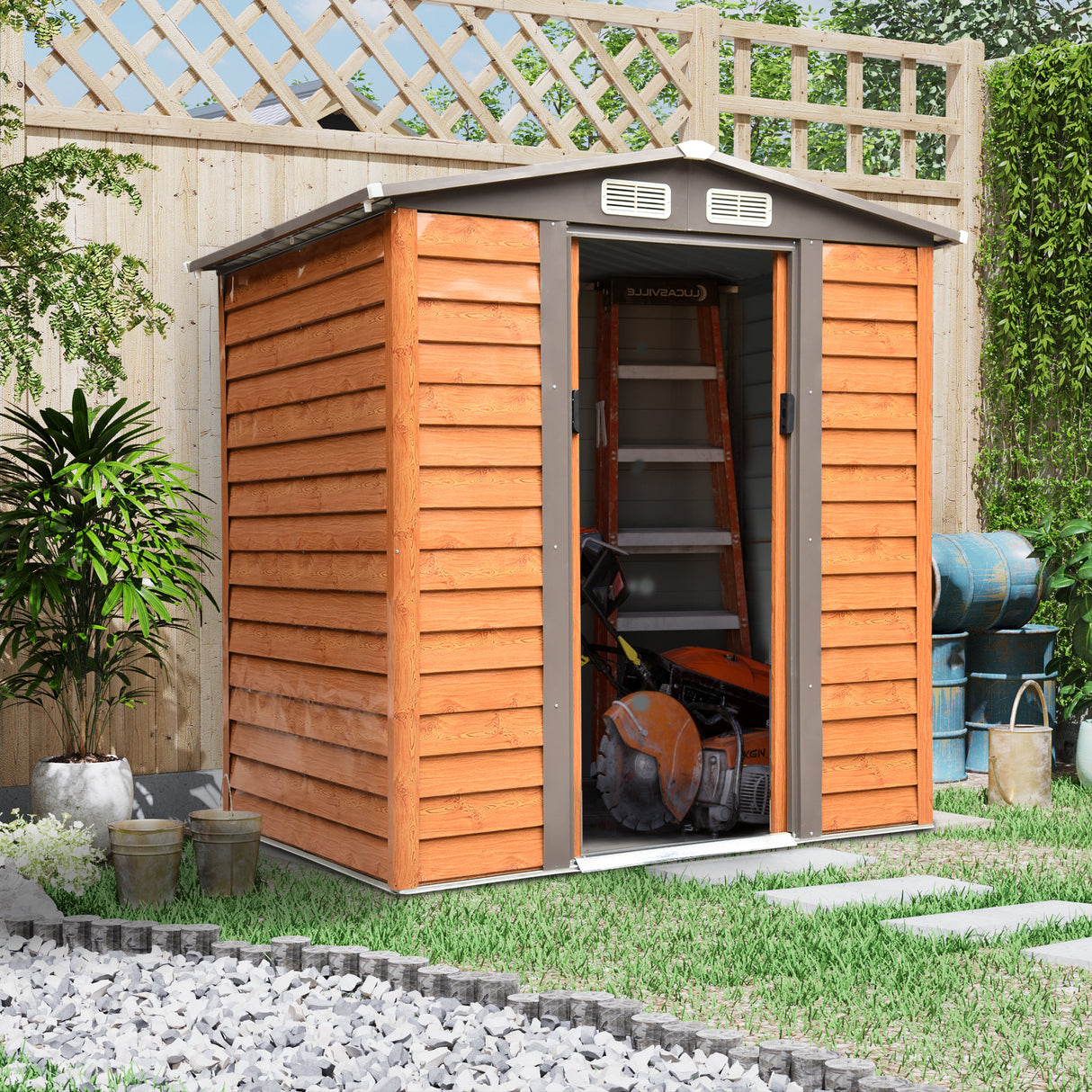 easycomfort casetta da giardino in acciaio e pp con prese d aria 197.5x160x178 201cm marrone