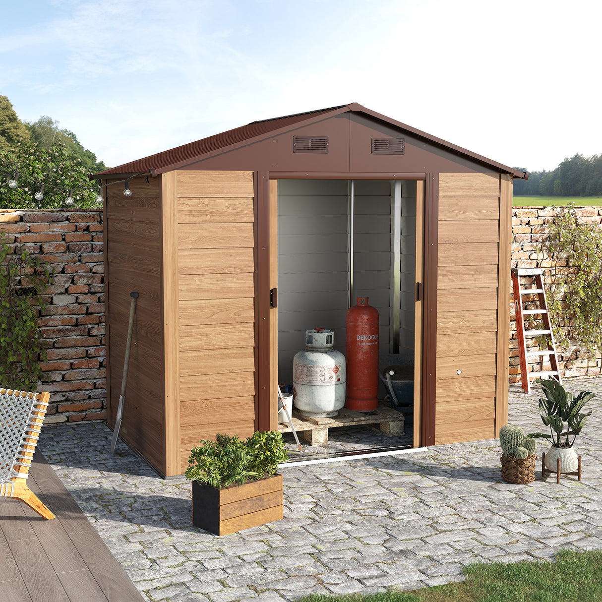 easycomfort casetta da giardino porta attrezzi con porte scorrevoli e pareti effetto legno 152x235.7x208.7cm