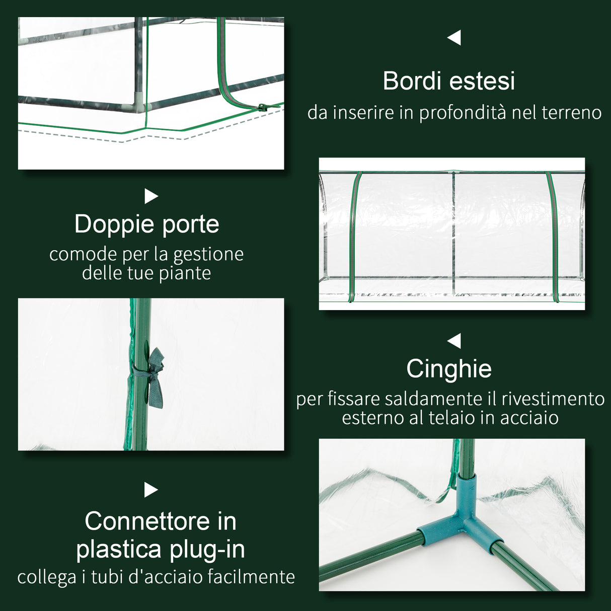 easycomfort serra da giardino a tunnel in acciaio e con copertura in pvc 200x100x80 cm trasparente e verde