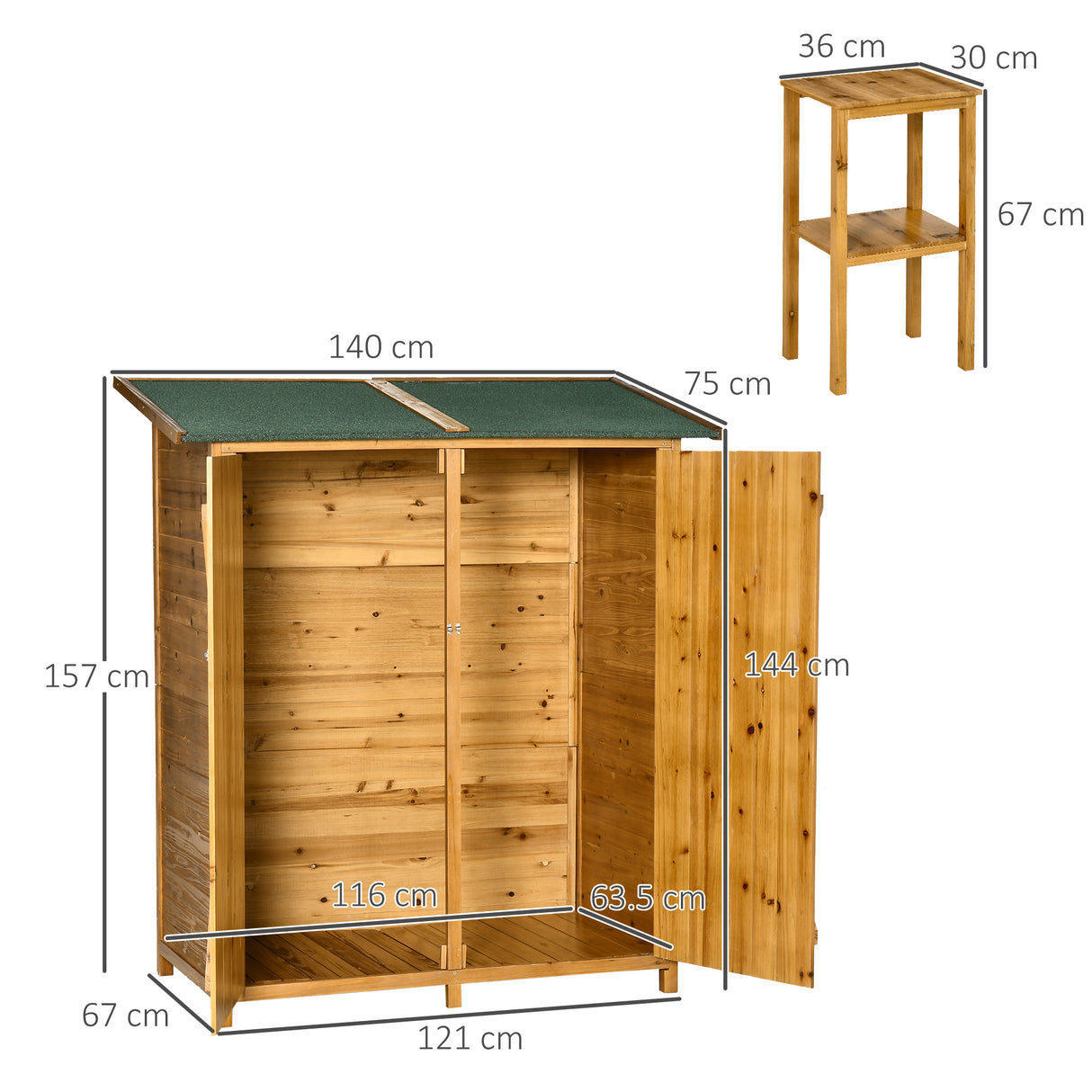 easycomfort easycomfort casetta da giardino in legno a 2 ante con sgabello alto a 2 ripiani e tetto idrorepellente 140x75x157 cm